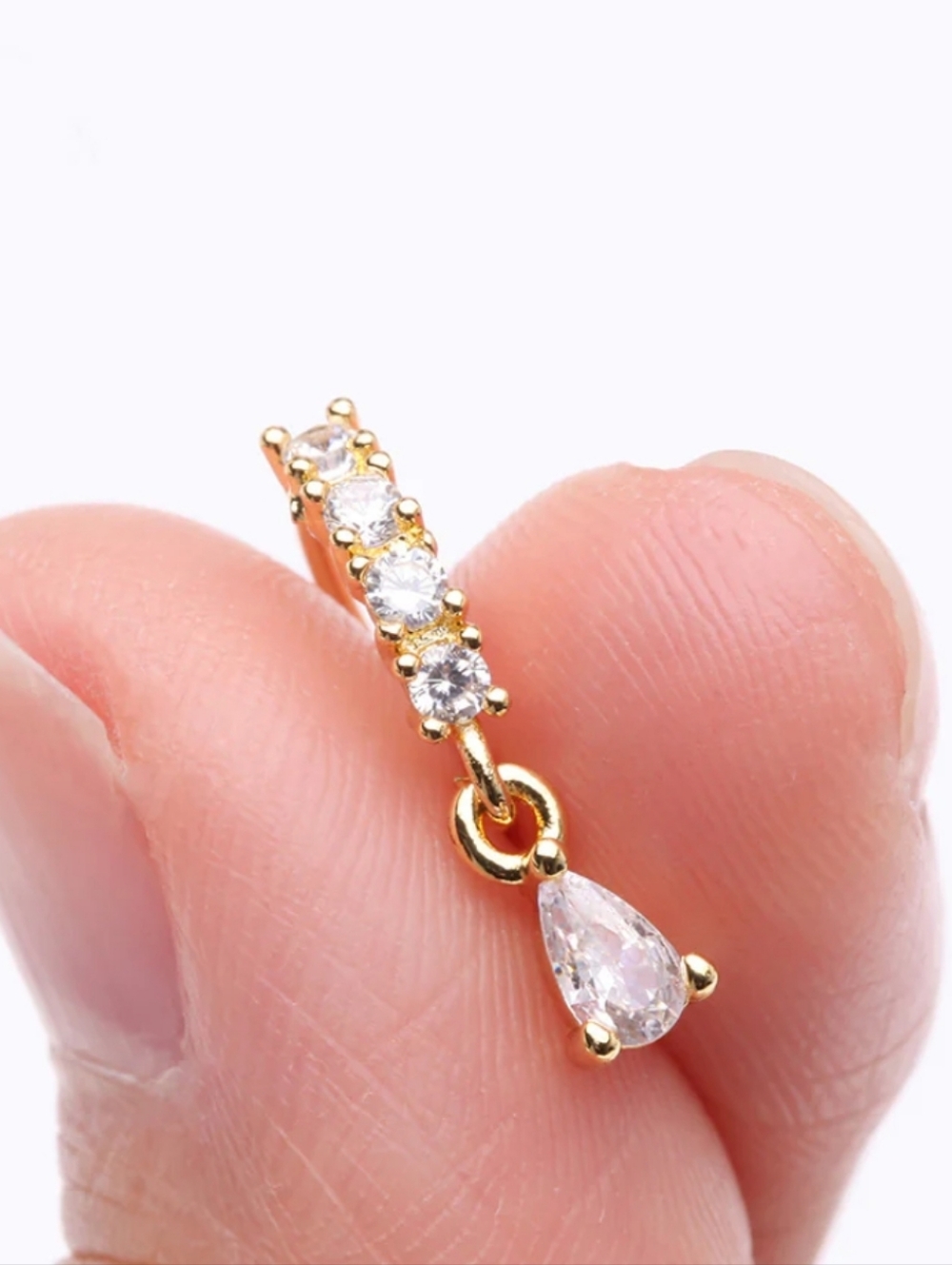 Gold Teardrop Dangle Hoop Nose Ring with Clear Stones - Picture 3 of 6